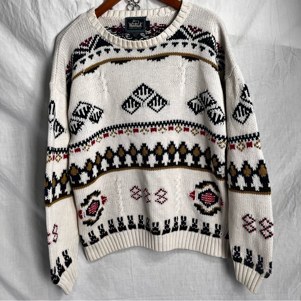 Vintage 90s Woolrich Cotton Sweater Women L Large White Stone STAINED HOLE Crew